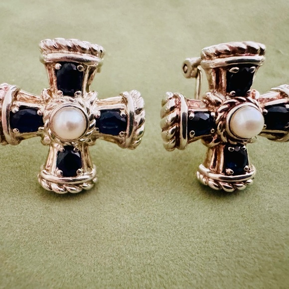 Judith Ripka RARE Elegant Sterling Silver Pearl and Sapphire Earrings - Picture 1 of 5
